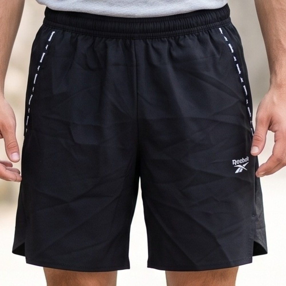 Reebok Mens Black Athletic Training Shorts Logo Taping Elastic Waist Stretch